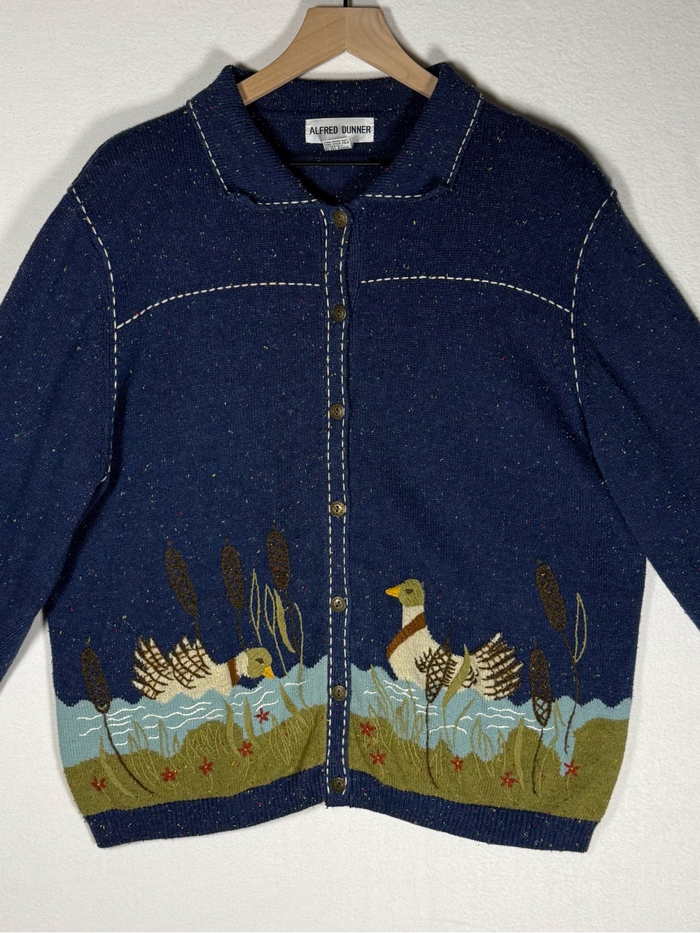 Vintage embroidered Navy Duck Patchwork Cardigan Jacket Alfred Dunner